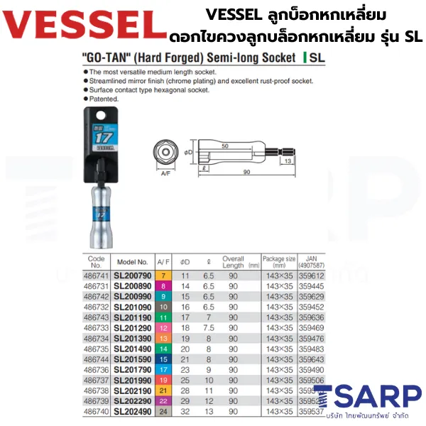 VESSEL บ็อกหกเหลี่ยม ดอกไขควงลูกบล็อกหกเหลี่ยม รุ่น SL ขนาด 7 - 24 มม. - Image 2