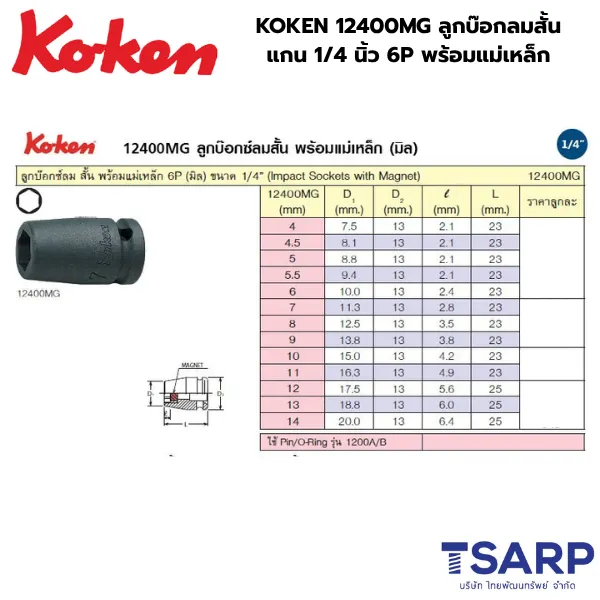 KOKEN 12400MG ลูกบ๊อกลมสั้น 1/4 นิ้ว 6P ขนาด 4 - 14 มม. พร้อมแม่เหล็ก - Image 2