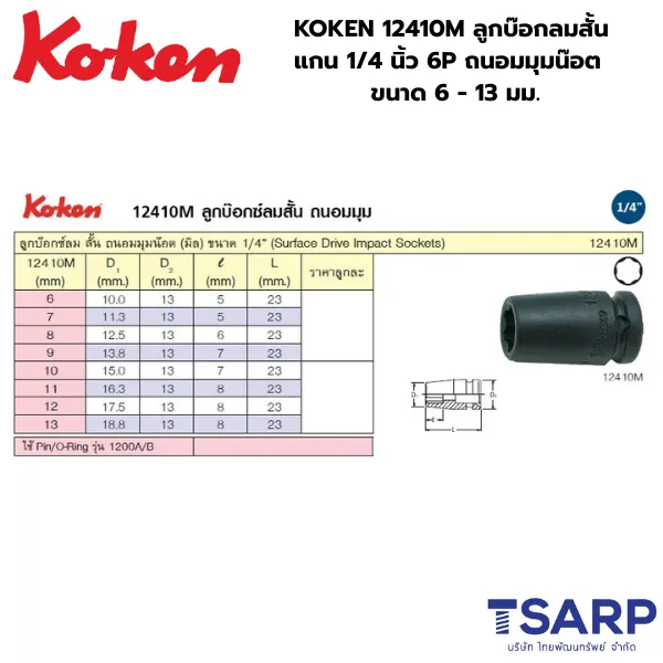 KOKEN 12410M ลูกบ๊อกลมสั้น ถนอมมุมน๊อต 1/4 นิ้ว ขนาด 6 - 13 มม. - Image 3