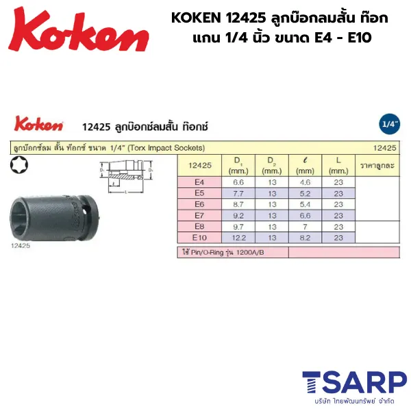 KOKEN 12425 ลูกบ๊อกลมสั้น ท๊อก 1/4 นิ้ว ขนาด E4 - E10 - Image 2