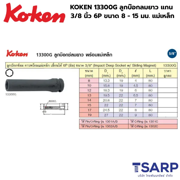 KOKEN 13300G ลูกบ๊อกลมยาว 3/8 นิ้ว-6P ขนาด 8-19 มม. พร้อมแม่เหล็ก - Image 2