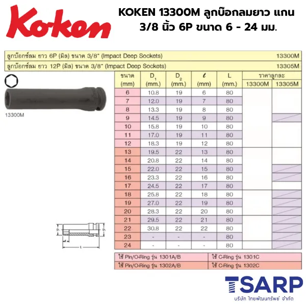 KOKEN 13300M ลูกบ๊อกลมสั้น 3/8 นิ้ว 6P ขนาด 6 - 24 มม. - Image 3