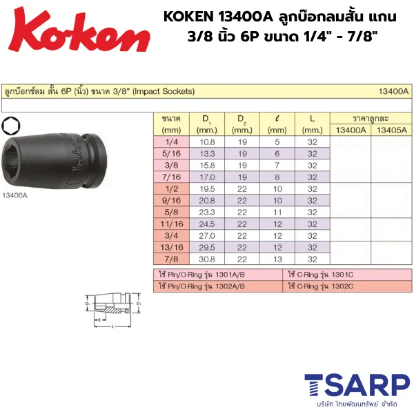 KOKEN 13400A ลูกบ๊อกลมสั้น 3/8 นิ้ว 6P ขนาด 1/4 - 7/8 นิ้ว - Image 2