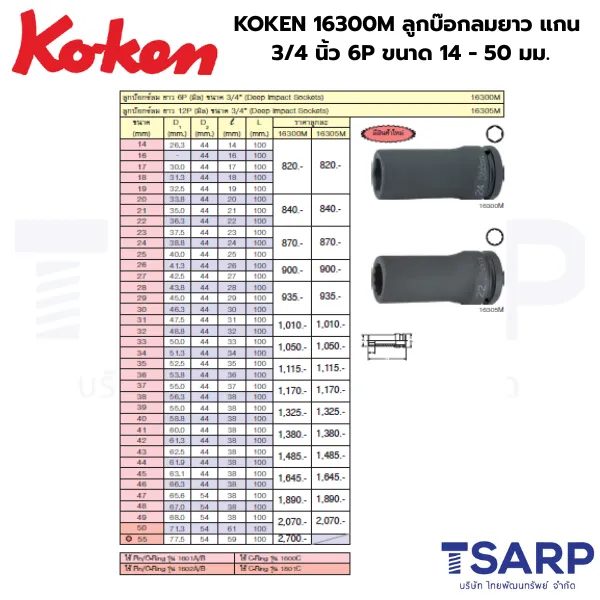 KOKEN 16300M ลูกบ๊อกลมยาว 3/4 นิ้ว 6P ขนาด 14 - 50 มม. - Image 2