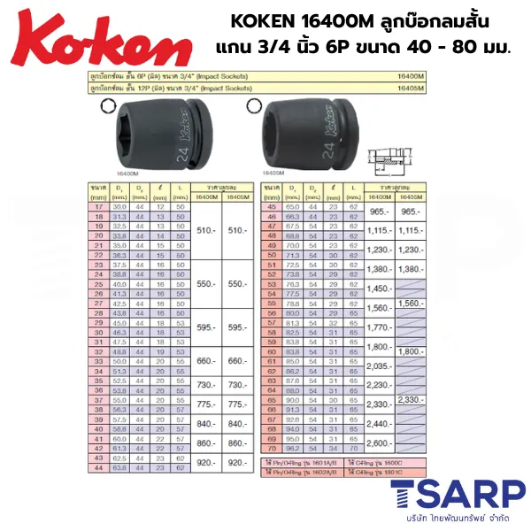 KOKEN 16400M ลูกบ๊อกลมสั้น 3/4 นิ้ว 6P ขนาด 40 - 80 มม. - Image 2