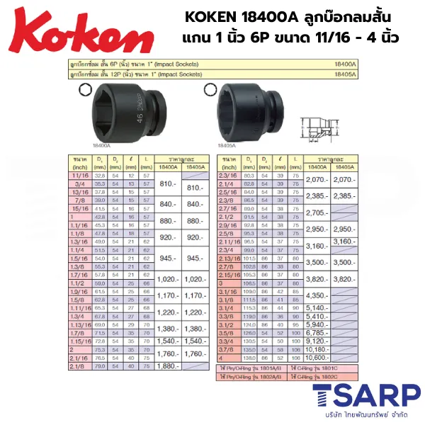 KOKEN 18400A ลูกบ๊อกลมสั้น 1 นิ้ว 6P ขนาด 11/16 - 4 นิ้ว - Image 2
