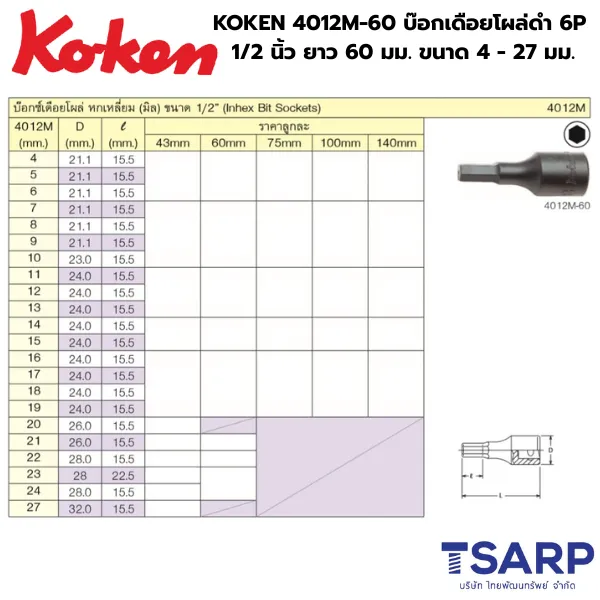 KOKEN 4012M-60 บ๊อกเดือยโผล่ดำ 6P 1/2 นิ้ว ยาว 60 มม. ขนาด 4 - 24 มม. - Image 2