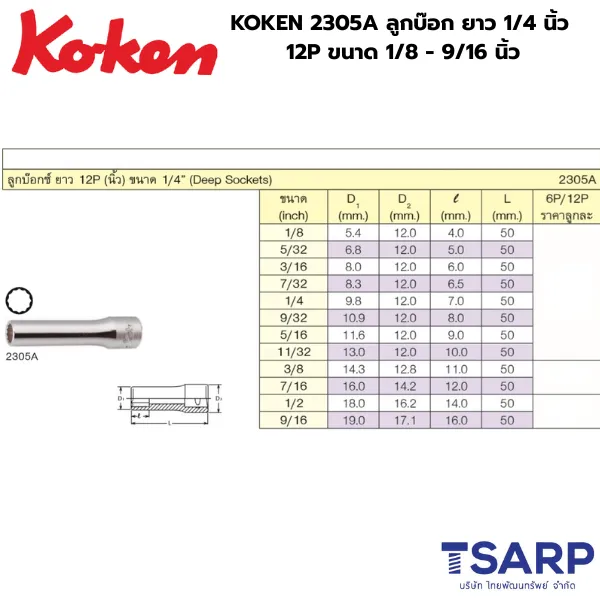 KOKEN 2305A ลูกบ๊อกยาว แกน 1/4 นิ้ว 12P ขนาด 1/4 - 9/16 นิ้ว - Image 2
