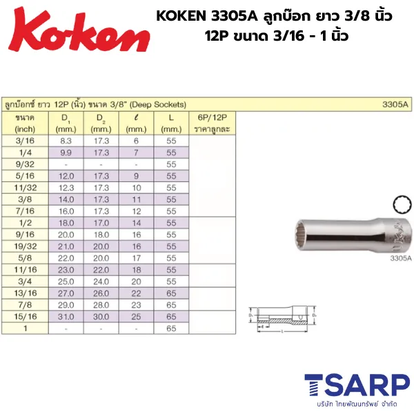 KOKEN 3305A ลูกบ๊อกยาว แกน 3/8 นิ้ว 12P ขนาด 3/16 - 1 นิ้ว - Image 2