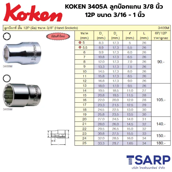 KOKEN 3405A ลูกบ๊อกแกน 3/8 นิ้ว 12P ขนาด 3/16 - 1 นิ้ว - Image 2