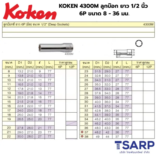 KOKEN 4300M ลูกบ๊อก ยาว 1/2 นิ้ว 6P ขนาด 8 - 38 มม. - Image 2