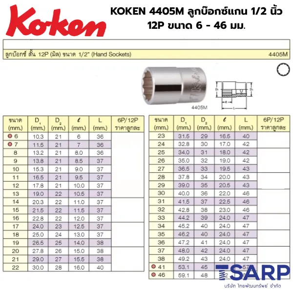 KOKEN 4405M ลูกบ๊อกซ์แกน 1/2 นิ้ว 12P ขนาด 6 - 46 มม. - Image 2