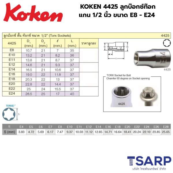 KOKEN 4425 ลูกบ๊อกซ์ท๊อก แกน 1/2 นิ้ว ขนาด E8 - E24 - Image 2
