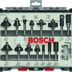 BOSCH ชุดดอกเร้าเตอร์แกน 1/4 นิ้ว กล่องพลาสติก 15 ดอก/ชุด