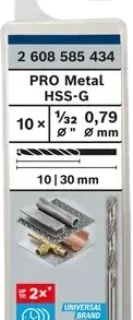 BOSCH 2608585434 ดอกสว่านเจาะเหล็กก้านกลม HSS-G ขนาด 1/32 นิ้ว 0.8 มม. (10 ดอก/แพค)
