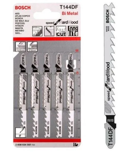 BOSCH 2608634567 T144DF ใบเลื่อยจิ๊กซอว์ตัดไม้เนื้อแข็ง (5 ใบ/แพค)