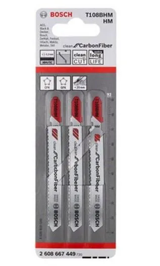 BOSCH 2608667449 T108HM ใบเลื่อยจิ๊กซอว์ตัดไฟเบอร์ clean for Carbon Fiber (3 ใบ/แพค)