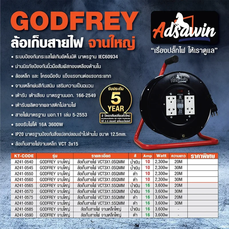 ADSAWIN GF ล้อเก็บสายไฟจานเหล็กใหญ่(BK)-สีดำ - Image 6