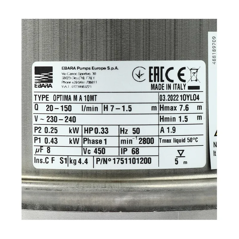 EBARA OPTIMA-MA ปั๊มสูบน้ำแบบจุ่ม (น้ำสะอาด) - Image 4