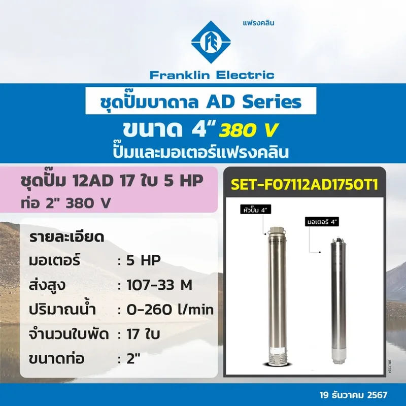 FRANKLIN ชุด 12AD17-50 ปั๊ม+มอเตอร์ 380V. - Image 2