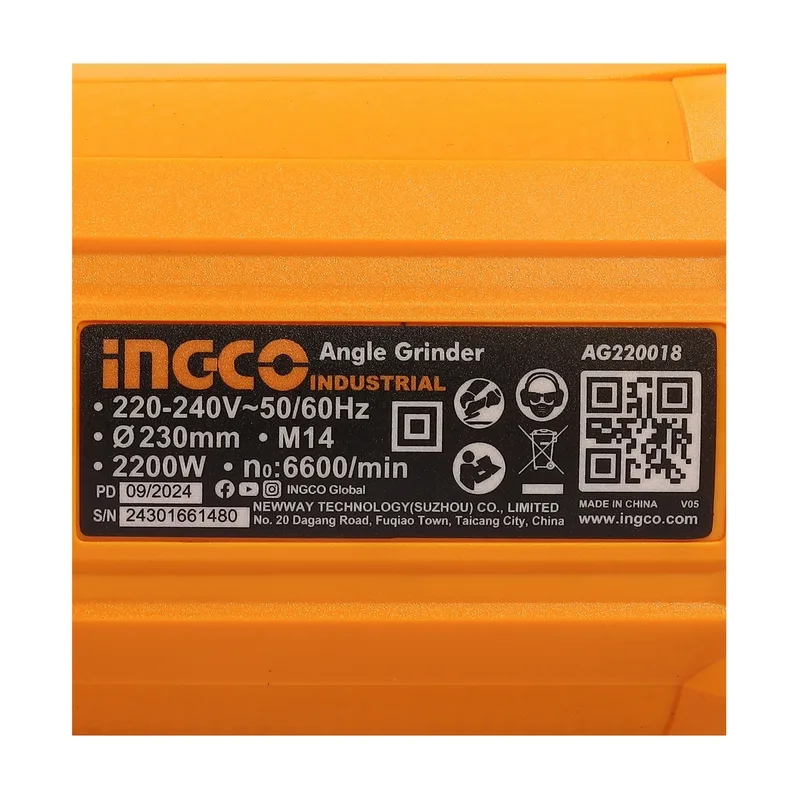 INGCO เครื่องเจียร์ไร้สาย 220V ขนาด 9" นิ้ว 2,200 W รุ่น AG220018 - Image 4