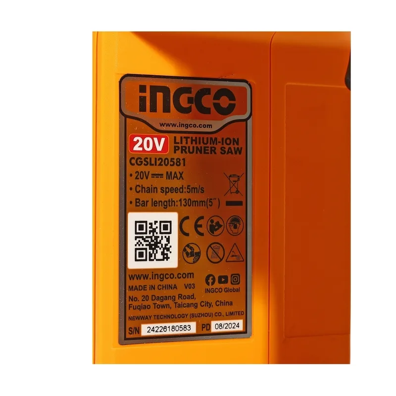 INGCO เลื่อยโซ่ไร้สาย 20V ขนาด 5" นิ้ว พร้อมแบต 2.0Ah x1 ก้อน รุ่น CGSLI20581 - Image 6
