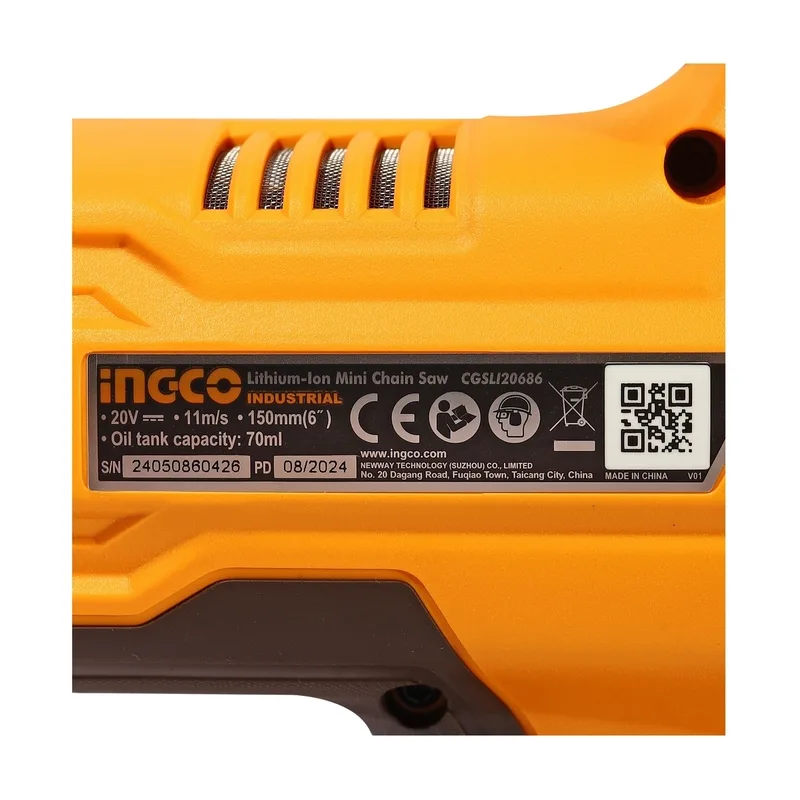 INGCO เลื่อยโซ่ไร้สาย Brushless 20V ขนาด 6" นิ้ว พร้อมแบต 2.0Ah x2 ก้อน รุ่น CGSLI20686 - Image 6