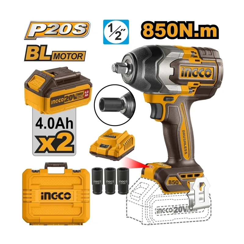 INGCO บล็อกไร้สาย Brushless 20V แรงขัน 850 N.m พร้อมแบต 4.0Ah x2 ก้อน รุ่น CIWLI2085 - Image 2