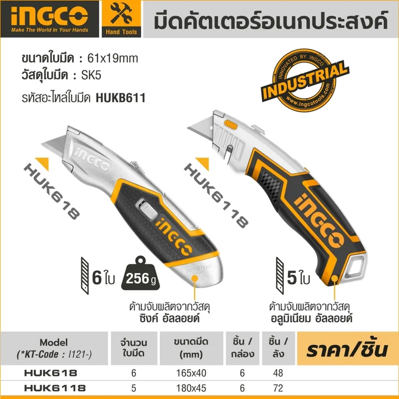 INGCO มีดคัตเตอร์อเนกประสงค์ พร้อมใบมีด 5 ใบ รุ่น HUK6118 - Image 4