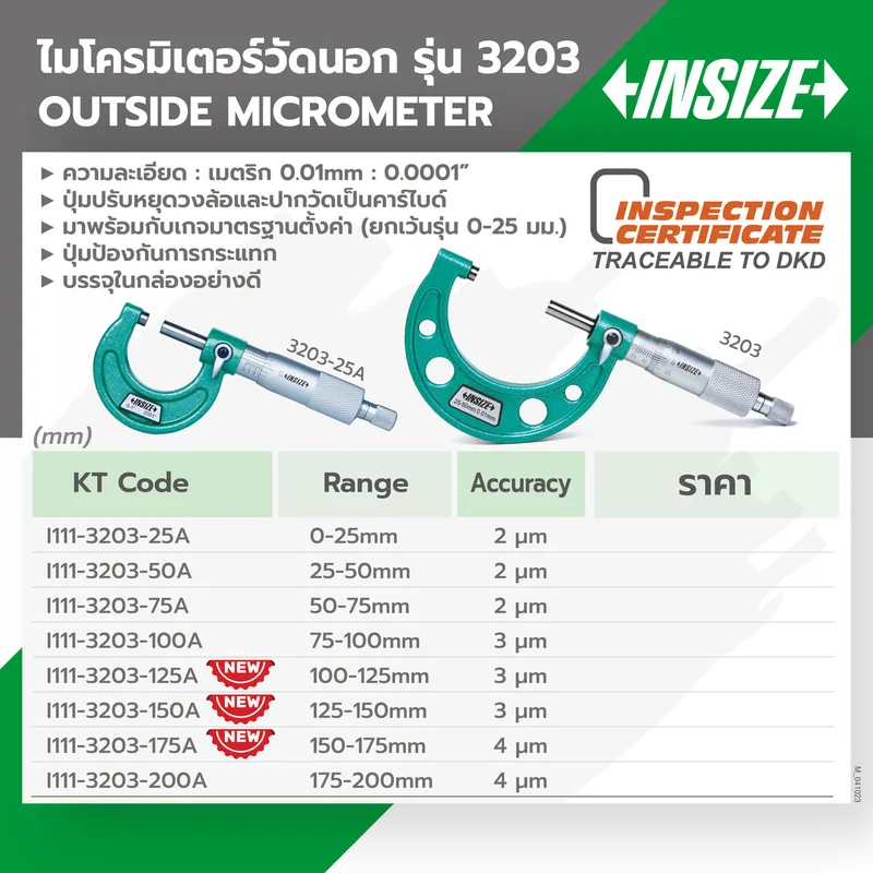 INSIZE ไมโครมิเตอร์วัดนอก ช่วงวัด 100-125 มม. ความละเอียด 0.01 มม. รุ่น 3203-125A - Image 7