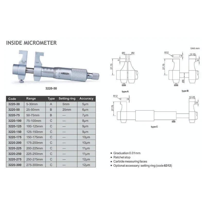 INSIZE ไมโครมิเตอร์วัดใน ช่วงวัด 25-50 มม. ความละเอียด 0.01 มม. รุ่น 3220-50 - Image 3