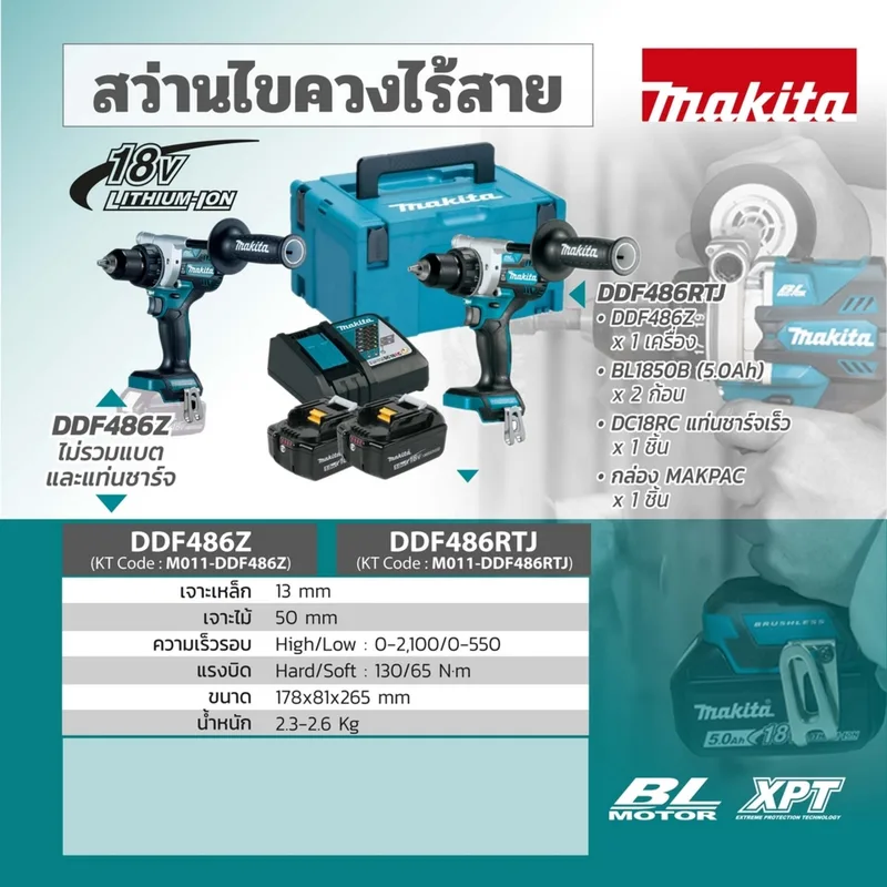 MAKITA สว่านไขควงไร้สาย Brushless 18V 130 N.m (ไม่รวมแบตเตอรี่) รุ่น DDF486Z - Image 6
