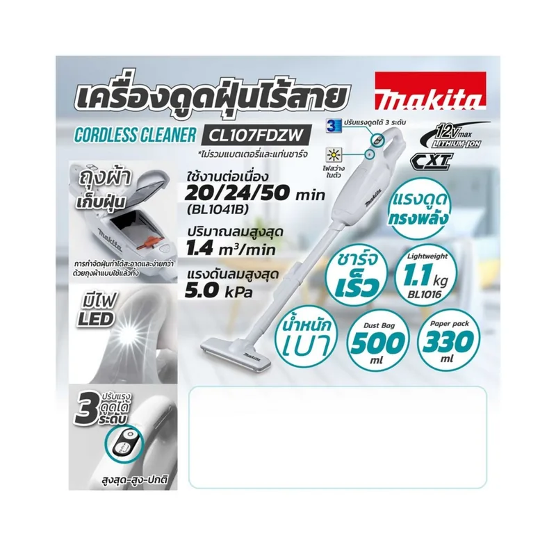 MAKITA เครื่องดูดฝุ่นไร้สาย 12VMAX ไม่รวมแบต รุ่น CL107FDZW - Image 9