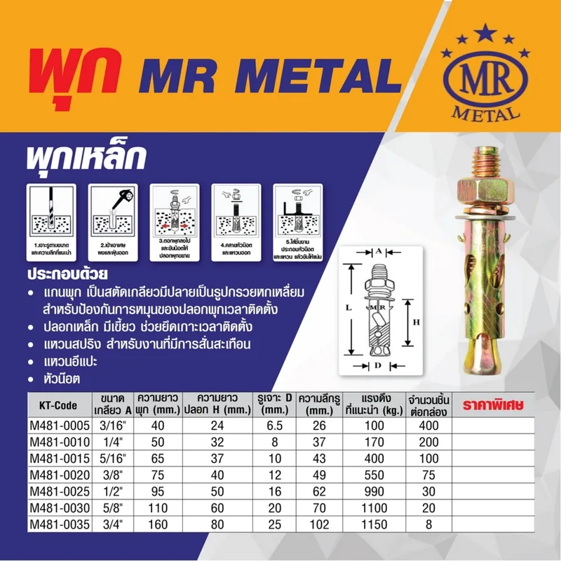 MR METAL พุกเหล็ก 3/16" (400 อัน/กล่อง) รุ่น PK-SL3/16*40 - Image 6