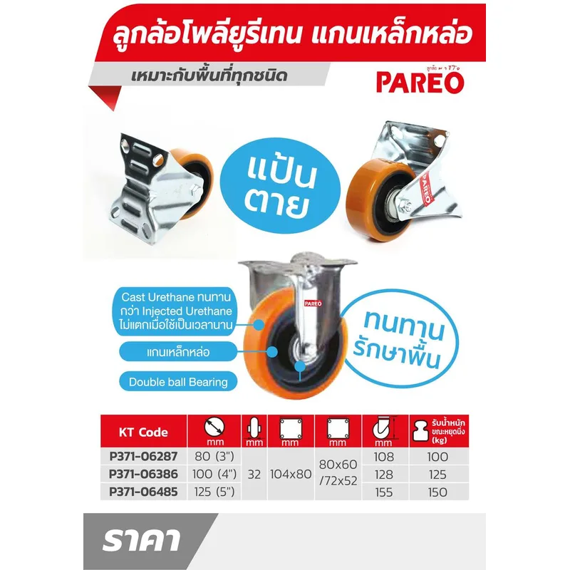 PAREO ลูกล้อโพลียูรีเทนแกนเหล็กหล่อ แป้นตาย 80 มม. (3 นิ้ว) รับน้ำหนักได้ 100 กก. - Image 4