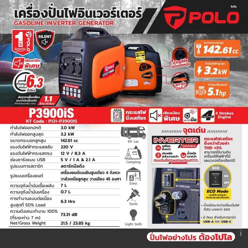 POLO เครื่องปั่นไฟอินเวอร์เตอร์ 3.2KW รุ่น P3900IS - Image 5