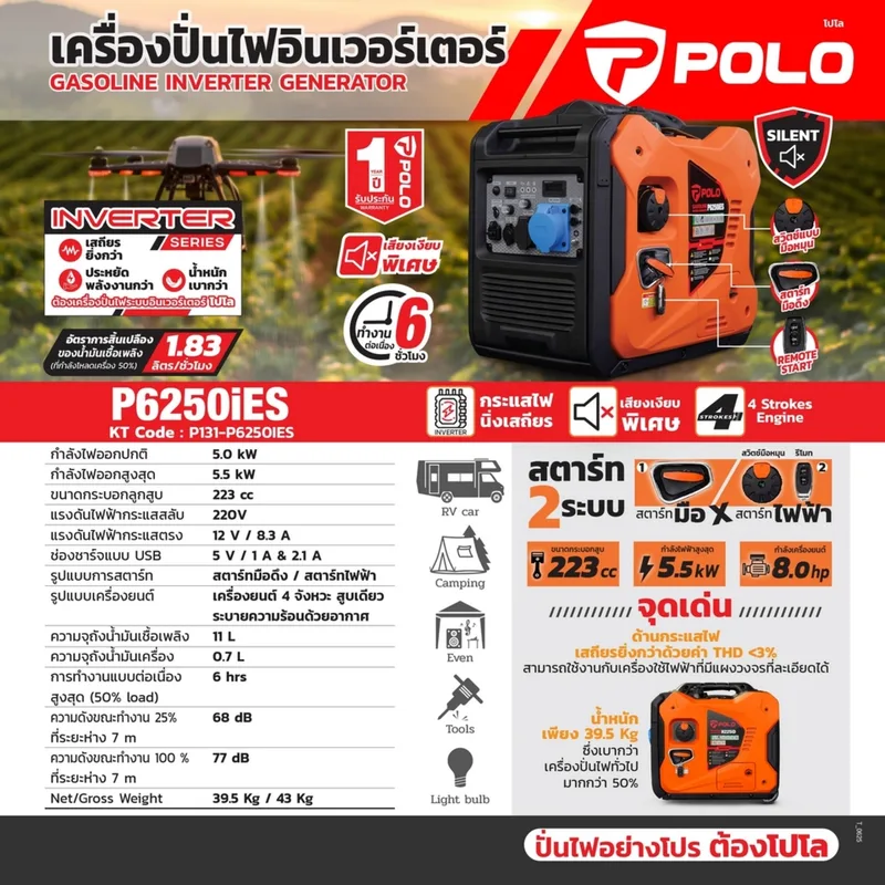 POLO เครื่องปั่นไฟอินเวอร์เตอร์ 5.5KW รุ่น P6250IES - Image 12