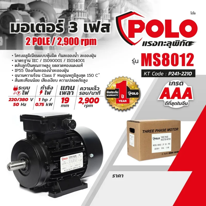 POLO มอเตอร์ 1HP 3 สาย 2P 380V รุ่น MS 8012 - Image 7