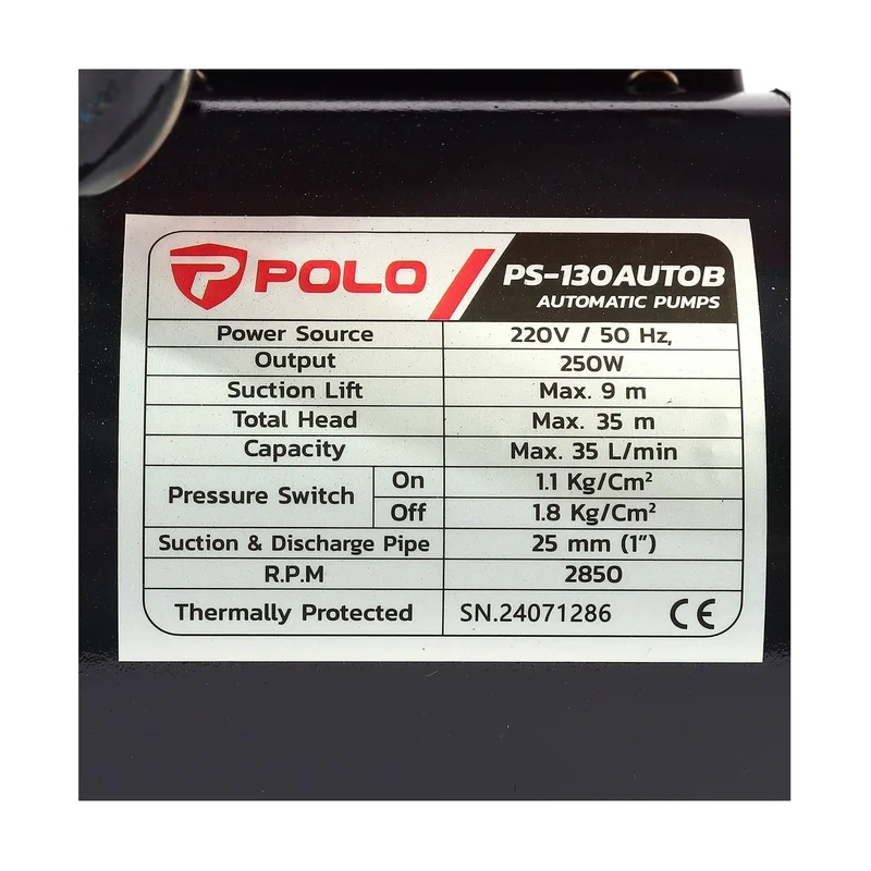 POLO ปั๊มอัตโนมัติ 1/3 HP 1" รุ่น PS-130AUTOB - Image 7