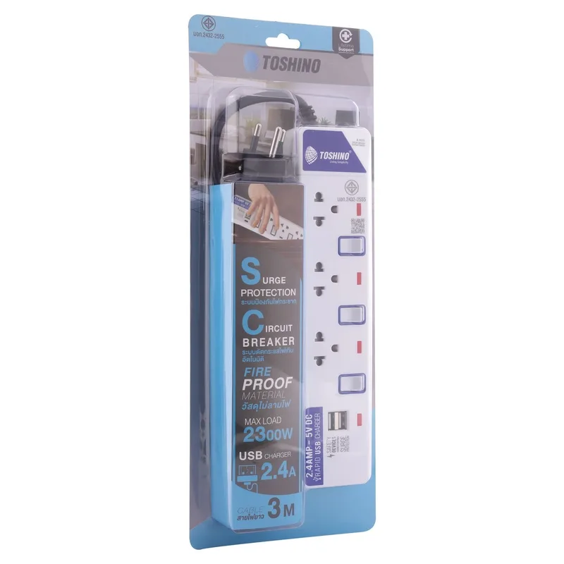 TOSHINO ปลั๊กพ่วง 3 ช่อง 2 USB 3 สวิตช์ สายไฟ 3 เมตร 10 แอมป์ รุ่น ET-913USB - Image 3