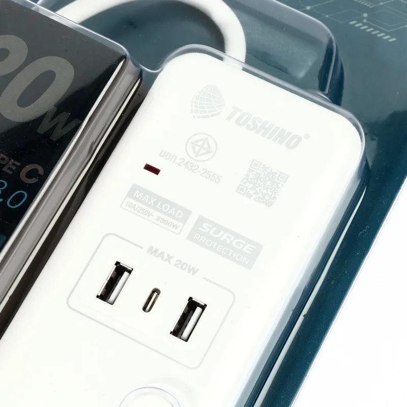 TOSHINO ปลั๊กไฟ 4 ช่อง 2 USB 1 Type C 4 สวิตช์ 10 แอมป์ รุ่น WY-43 - Image 3