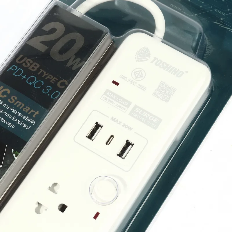 TOSHINO ปลั๊กไฟ 5 ช่อง 2 USB 1 Type C 5 สวิตช์ สายไฟ 3 เมตร 10 แอมป์ รุ่น WY-53 - Image 3