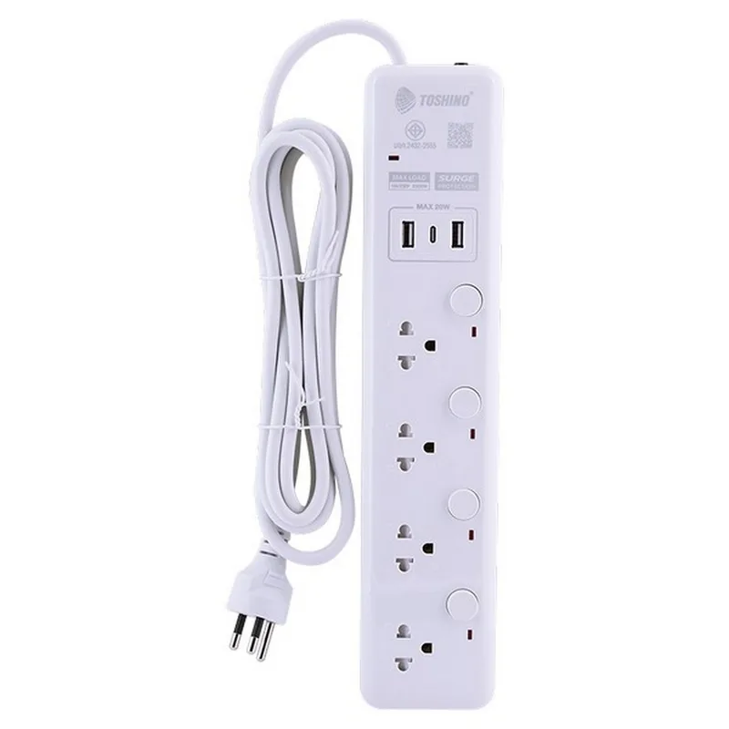 TOSHINO ปลั๊กไฟ 5 ช่อง 2 USB 1 Type C 5 สวิตช์ สายไฟ 3 เมตร 10 แอมป์ รุ่น WY-53 - Image 4