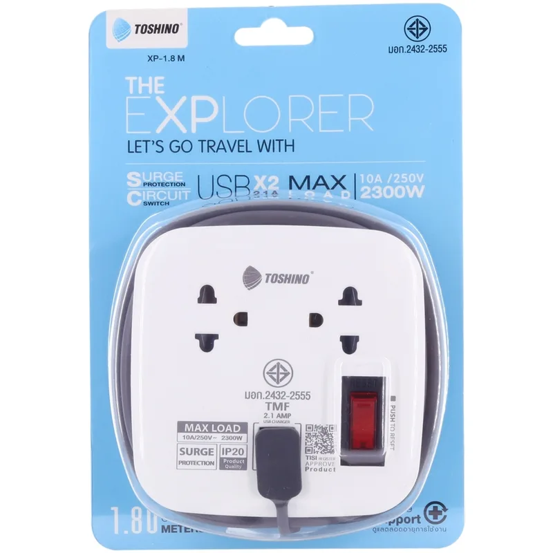 TOSHINO ปลั๊กพ่วง 2 ช่อง 2 USB 1 สวิตช์ สายไฟ 1.8 เมตร 10 แอมป์ รุ่น XP-1.8M - Image 6