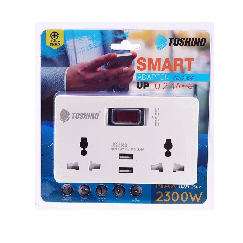 TOSHINO ปลั๊กแปลง 2 ขาแบน 2 ช่อง 2.4A สีขาว รุ่น TW-2USB - Image 3