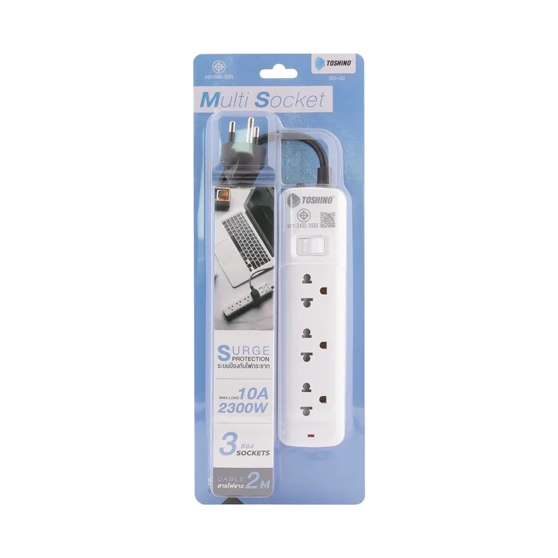 TOSHINO ปลั๊กรางไฟ 3 ช่อง 1 สวิตช์ รองรับกำลังไฟ 10A 2300W รุ่น SO-32 - Image 6