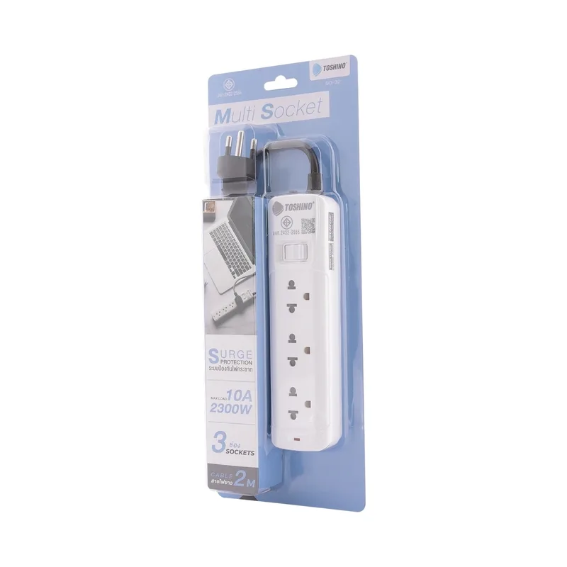 TOSHINO ปลั๊กรางไฟ 3 ช่อง 1 สวิตช์ รองรับกำลังไฟ 10A 2300W รุ่น SO-32 - Image 7