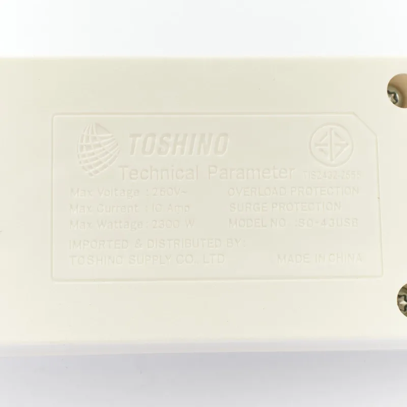 TOSHINO ปลั๊กไฟ 1 สวิตช์ 4 ช่อง 2 USB TYPE A สายยาว 3 เมตร 10A 2300W รุ่น SO-43USB - Image 3