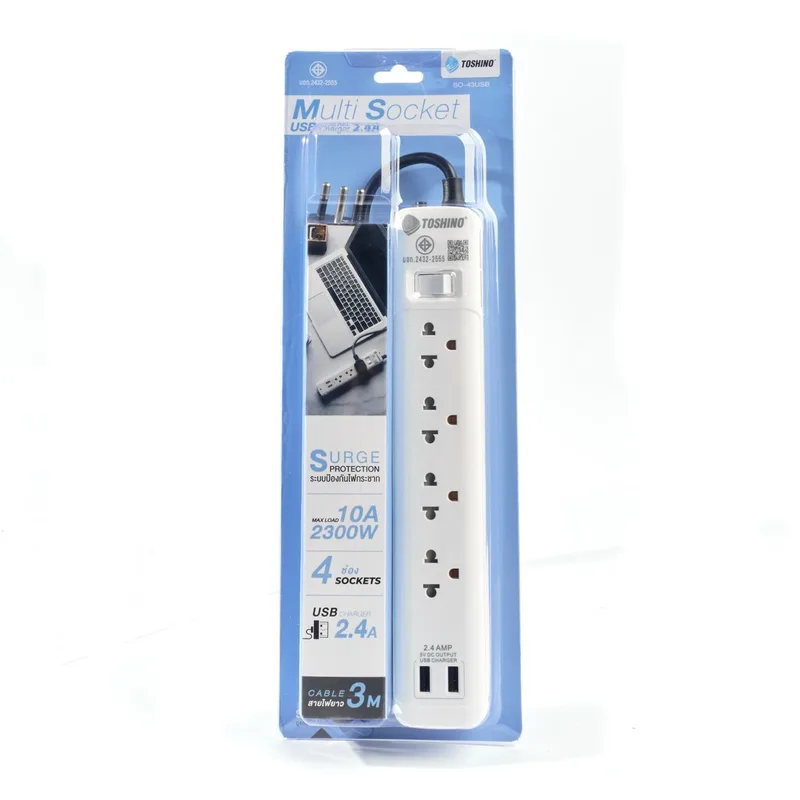 TOSHINO ปลั๊กไฟ 1 สวิตช์ 4 ช่อง 2 USB TYPE A สายยาว 3 เมตร 10A 2300W รุ่น SO-43USB - Image 4