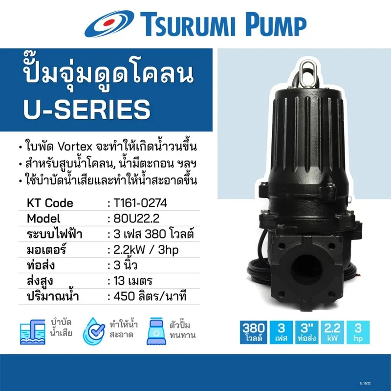 TSURUMI ปั๊มดูดโคลน 80U22.2 3สาย ปั๊มจุ่มดูดน้ำโคลน - Image 6
